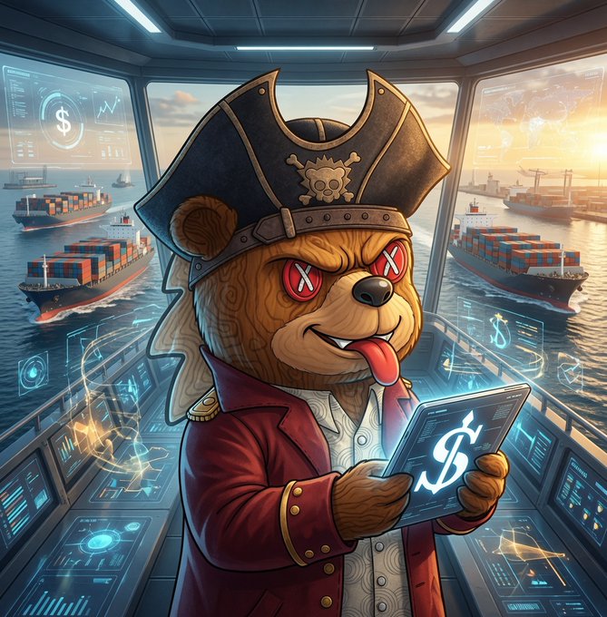 A digital illustration of a brown teddy bear character dressed as a pirate with a hat, eye patch, and red coat, holding a tablet displaying a dollar sign, standing on the bridge of a ship with container vessels and trading charts in the background.
