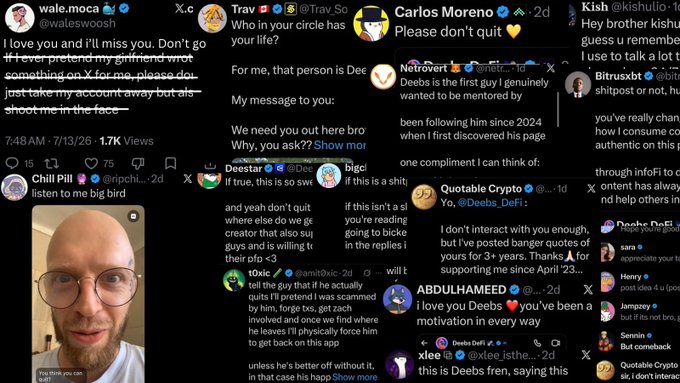 This is a collage of posts from X (formerly Twitter), where users are expressing strong emotional support for an individual named "Deebs," with many urging them not to quit. One user humorously states they would rather be shot in the face than for Deebs to leave the platform.