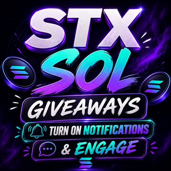 A vibrant purple and teal promotional graphic featuring the text 'STX SOL GIVEAWAYS' with buttons prompting viewers to 'TURN ON NOTIFICATIONS' and 'ENGAGE', flanked by Solana logo icons.