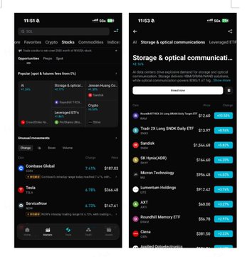 Two smartphone screens showing a financial app with sections for 'Popular and future 5x ETFs' and 'Storage & optical communications ETFs,' displaying various tickers like AIQ, JEPI, and AMD.