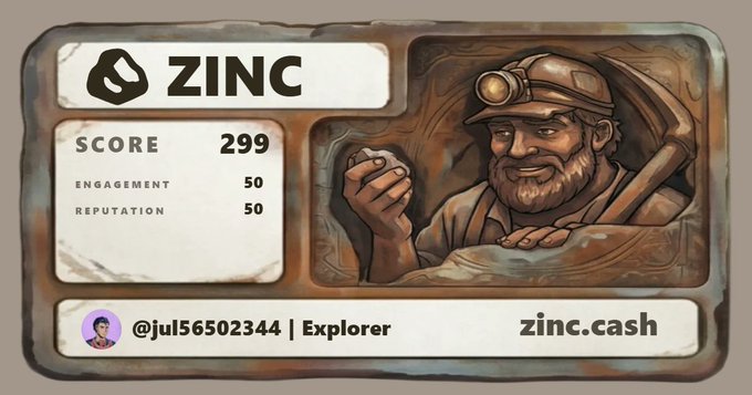 The image features a man depicted as a cartoon character with a beard wearing a hat and holding a pickax. The man appears to be a gold prospector or explorer, possibly from the game Zinc. The man's face is shown in profile against a gray background. The image also includes text that reads "Zinc", "Score: 299 Engagement: 50 Reputation: 50", and "@zinc_cash".