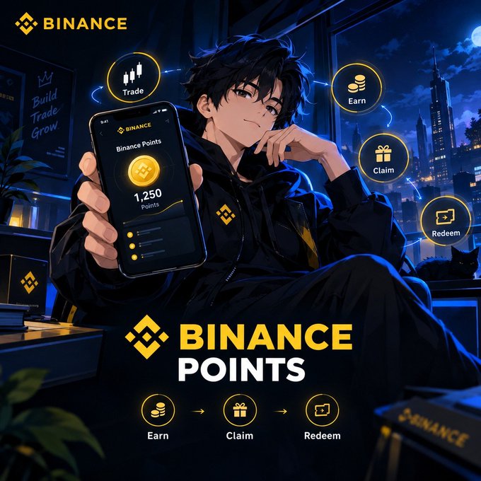 Anime-style promotional artwork for "BINANCE POINTS" featuring a dark-haired male character holding a smartphone displaying the Binance app, with icons for Trade, Claim, and Redeem.