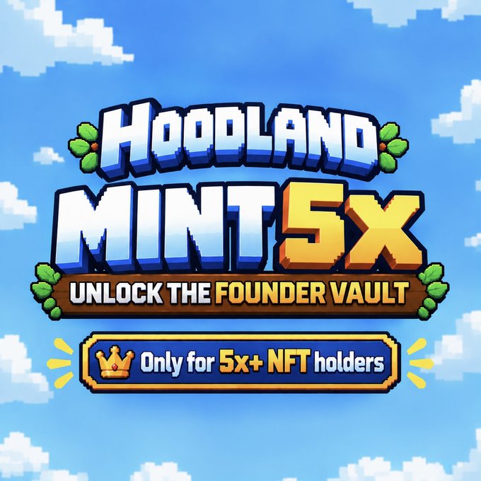 The pixel-art style promotional banner reads "HOODLAND MINT 5X" with the tagline "UNLOCK THE FOUNDER VAULT" and a banner stating "Only for 5x+ NFT holders," set against a blue sky background. The image directly promotes the 5x mint opportunity mentioned in the post, visually emphasizing the "Founder Vault" exclusive perks for holders who commit by minting additional NFTs.