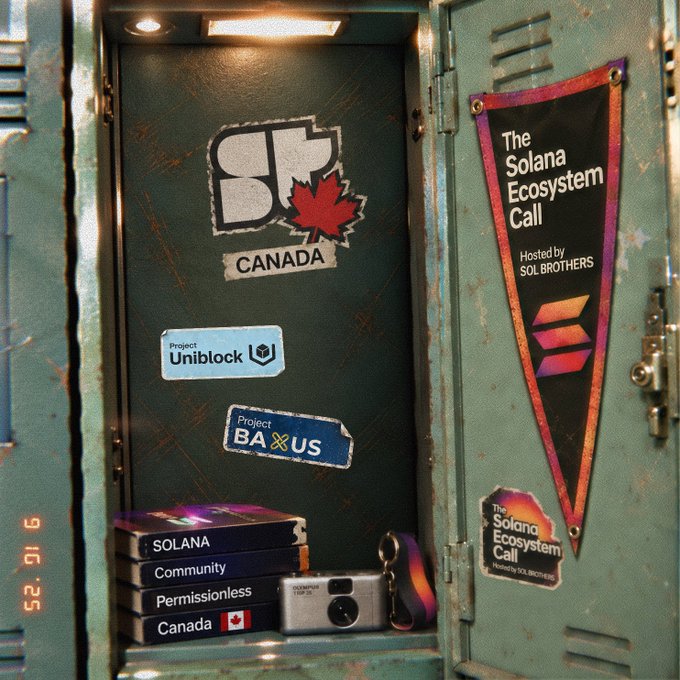 A promotional image for "The Solana Ecosystem Call" hosted by SOL BROTHERS, displayed in a locker scene featuring stickers, books labeled "SOLANA Community", "Permissionless", "Canada", and a camera keychain.