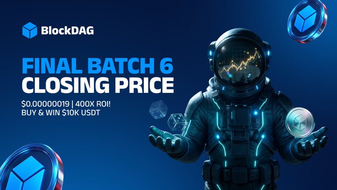 The image features a man dressed as an astronaut, holding up a coin above his head with both hands. The caption of the image reads "FINAL BATCH 6 CLOSING PRICE: BDAG $0.00000019 400X ROI! BUY & WIN $10K USDT JUNE 1 IS ALMOST HERE - and the next BlockDAG expansion phase is about to go FULL POWER!".