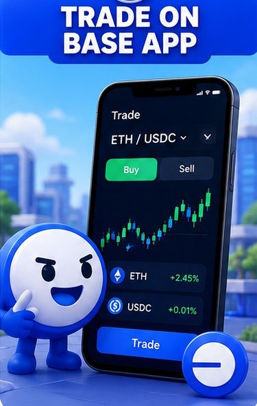 The image features a cell phone with a screen displaying the cryptocurrency Bitcoin prices, including ETH/USDC trading. A small cartoon character (a blue and white robot or man) stands next to the phone. The caption of the post reads "Trade on Base app", suggesting that this is an application designed for cryptocurrency trading using the base app feature.