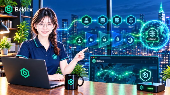 A promotional graphic for Beldex featuring an Asian woman with glasses pointing to a diagram showing User, Relay nodes, and Internet connections, with VPN-related imagery.