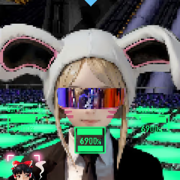 An anime-style avatar wearing white bunny ears and reflective sunglasses displays a green tag reading "6900%," set against a vibrant green digital landscape with smaller figures marked "69mlx." The image appears to represent a rare or high-value "aeon" character in a virtual world, playfully suggesting the avatar may release duplicate aeons while keeping the prized 6900% one.