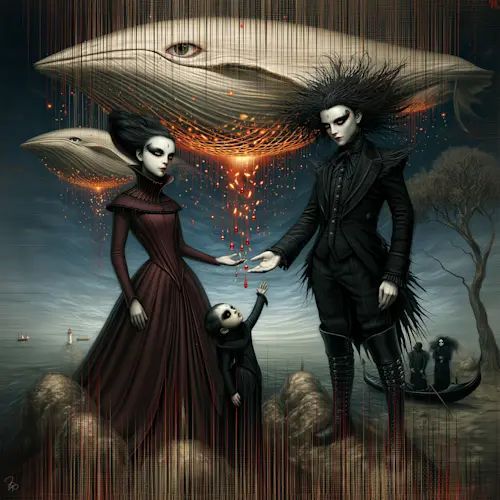 A surreal dark fantasy scene features a pale family in Victorian attire—a woman in a burgundy dress, a man with wild hair, and a small child reaching upward—standing beneath massive ethereal whales that bleed glowing stardust into a stormy seascape, visually echoing the post's "When the Stars" theme and Access Protocol's otherworldly artistic introduction.