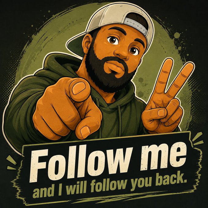 A cartoon-style graphic shows a bearded man pointing forward while making a peace sign, with a banner reading "Follow me and I will follow you back."