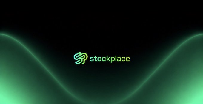 A dark background with green glowing wave lines at the bottom and the 'stockplace' logo in the center.