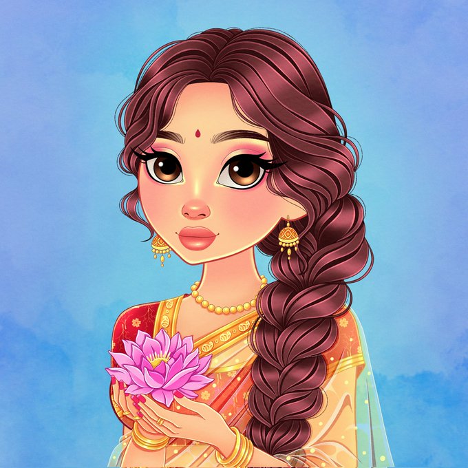 A stylized digital illustration of a young woman with a long reddish-brown braid, wearing traditional Indian attire, gold jewelry, and a bindi, while holding a pink lotus flower against a blue sky.