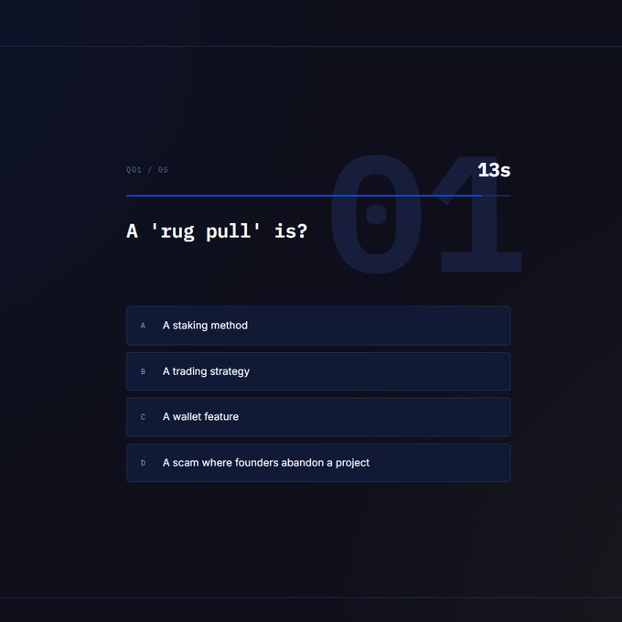 A multiple-choice quiz question asks 'A rug pull is?' with four options: A) A staking method, B) A trading strategy, C) A wallet feature, D) A scam where founders abandon a project, with 13 seconds remaining.
