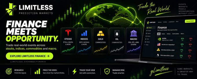 Promotional banner for Limitless Prediction Markets with the tagline 'FINANCE MEETS OPPORTUNITY,' featuring tradeable asset categories like Stocks (TSLA, NVDA), Indices (S&P), Commodities (Gold, Oil), and Macro (Fed CPI, Jobs), alongside a dashboard showing markets for NVDA, SVB collapse, and Gold prices.