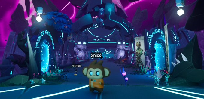 A video game scene featuring a cartoon monkey avatar with the name tag 'xnico' standing in a futuristic, neon-lit purple cave-like environment.