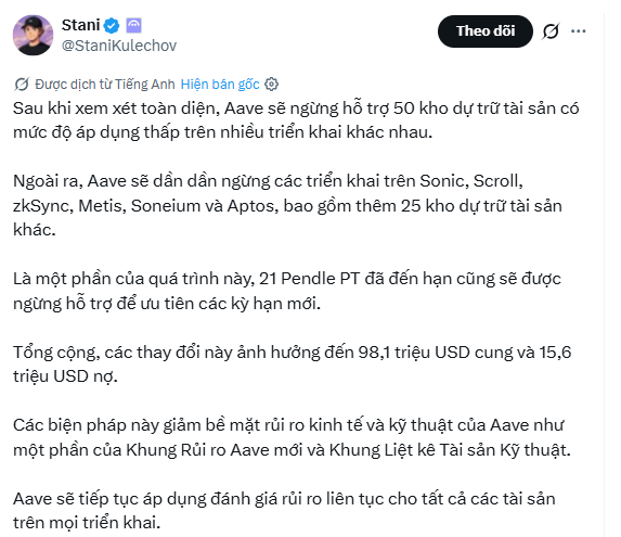 A Vietnamese-language tweet from Stani (@StaniKulechov) announcing that Aave will discontinue support for 50 asset reserves with low applications across multiple deployments, affecting $98.1M in supply and $15.6M in borrows.