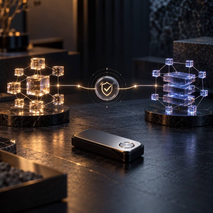 Dark 3D illustration of glowing holographic cubes connected by network lines around a central shield-with-checkmark icon, with a hardware wallet device resting on a marble surface.