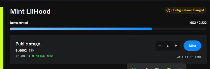 A "Mint LiLhood" interface shows that 1,603 of 2,222 NFTs have been minted at 0.0002 ETH each, with 41 remaining in the current public stage—aligning with the post highlighting that only 619 Lilhoods are left in total.