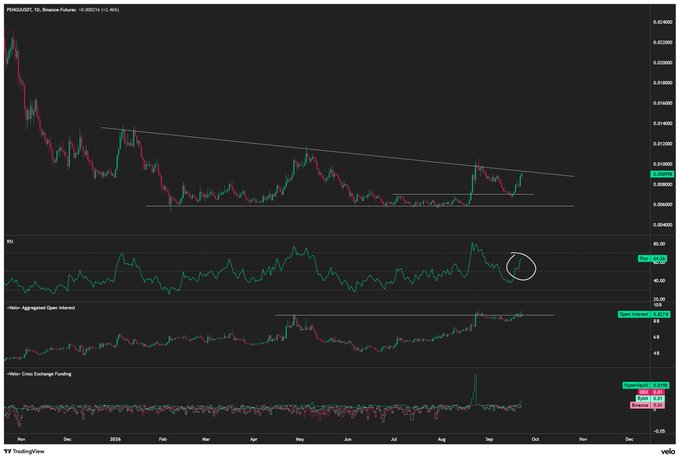The image displays a daily candlestick chart for the PENGU/USD.P (Pudgy Penguins) pair on Binance Futures, showing a clear descending trendline breakout in late August, with the price consolidating near the $0.028 level around early September 2024, supported by an RSI above 70 and a rising "Aggregated Open Interest" indicator. This technical setup visually reinforces the post's claim that PENGU has formed a "massive re-accumulation base" nearing completion, aligning with the bullish thesis of an imminent breakout ("revenge of the birds").