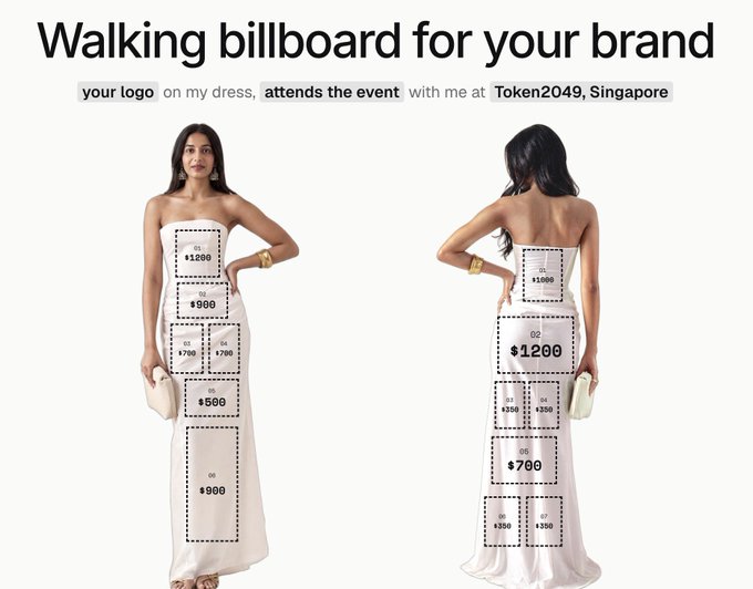 A woman models a white strapless dress overlaid with dashed-line "billboard" zones priced at $300-$1,200, advertising branded logo placement on her attire for Token2049 Singapore. The image illustrates the increasingly objectifying and transactional nature of marketing at high-profile events, where even a person's body is sold as advertising space.