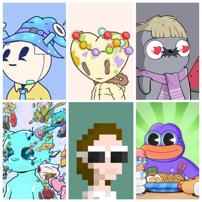A grid of six NFT artwork images, each showcasing distinct styles ranging from cute character illustrations to pixel art and food-themed designs, likely representing the diverse collections and communities the user has discovered since 2021.