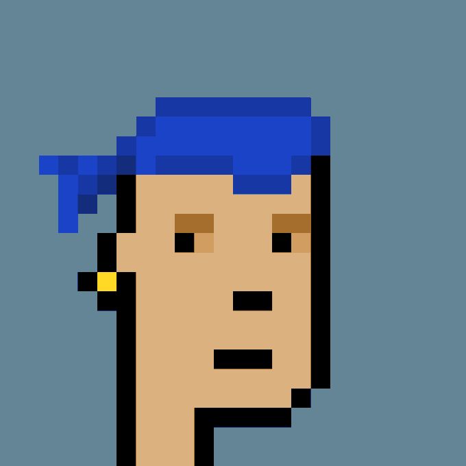 A simple pixel art character with blue hair, brown eyes, and a neutral expression against a solid blue background.
