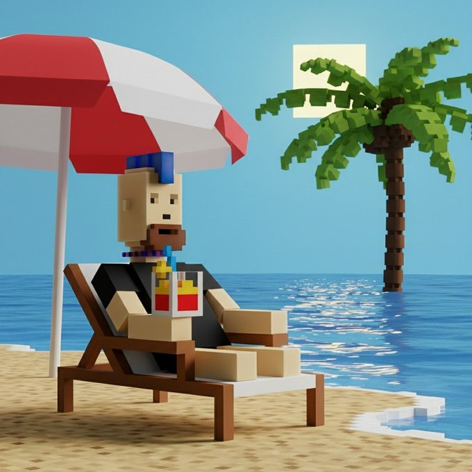 A Minecraft-style blocky character relaxes on a beach lounge chair under a red and white striped umbrella, holding a colorful drink next to a pixelated palm tree.