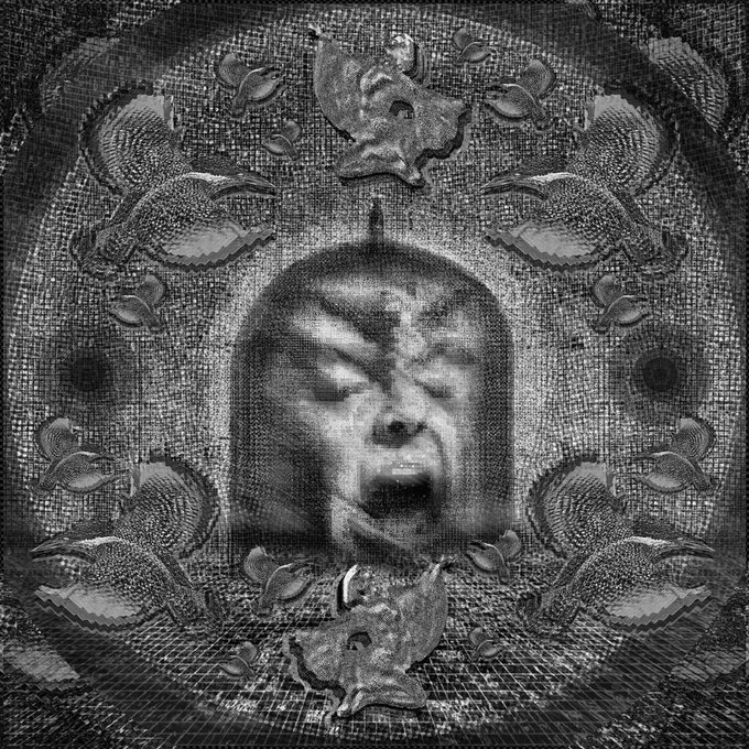 A haunting black and white composition features a distorted face screaming in the center, surrounded by textured, mask-like patterns.