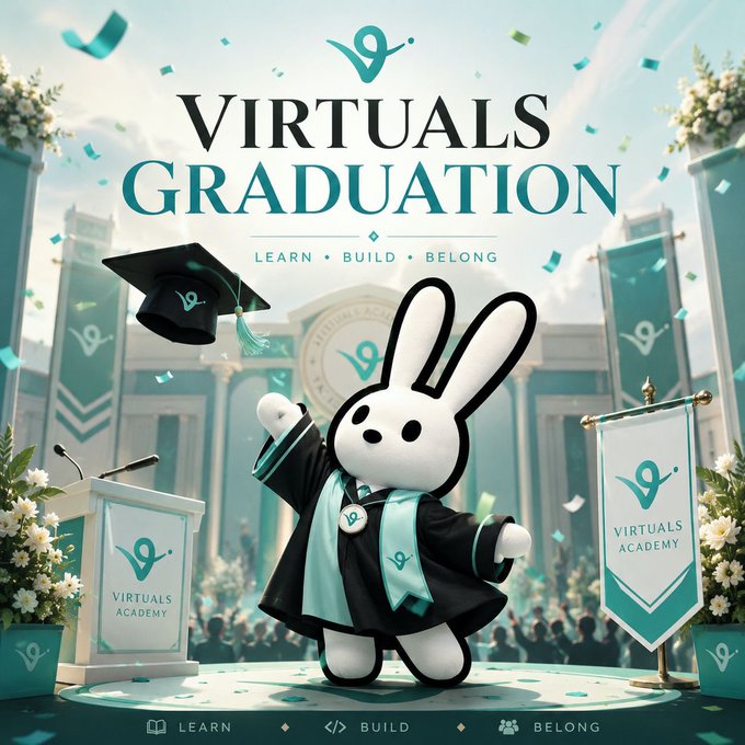 The image features a cartoon rabbit wearing a graduation cap, standing on a stage with banners around it. The background of the image shows a building with blue and green colors, surrounded by people who appear to be celebrating or attending an event related to education. The text in the image reads "@officialbunnyos / @OS bonded! Send it to millions. Multiply these naughty rabbits. @Nibel_eth @ethermage @celesteanglm @0xTP91 @DonJohnsonSays". This post is promoting a virtual graduation event, and the rabbit character serves as an eye-catching mascot for the occasion.