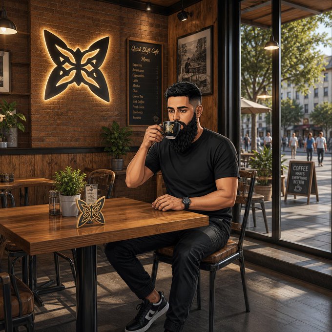 A bearded man in a black t-shirt sits at a wooden table in a cafe drinking from a black mug, with a glowing butterfly logo on the brick wall and a menu listing items like Espresso, Americano, and Cappuccino.