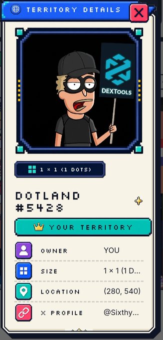 A 'TERRITORY DETAILS' screen from a digital collectible game showing a pixel-art character holding a 'DEXTOOLS' flag, listed as 'DOTLAND #5428' owned by 'YOU' with location (280, 540).