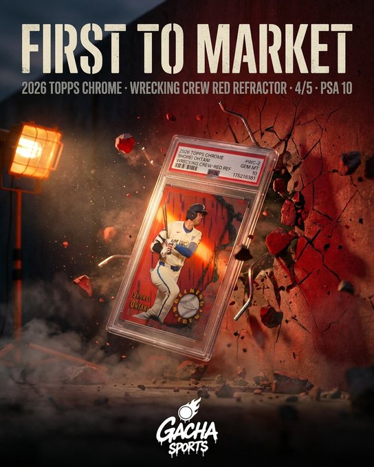 A promotional graphic titled 'FIRST TO MARKET' for '2026 TOPPS CHROME - WRECKING CREW RED REFRACTOR - 4/5 - PSA 10' featuring a graded Mickey Mantle baseball card from Gacha Sports.