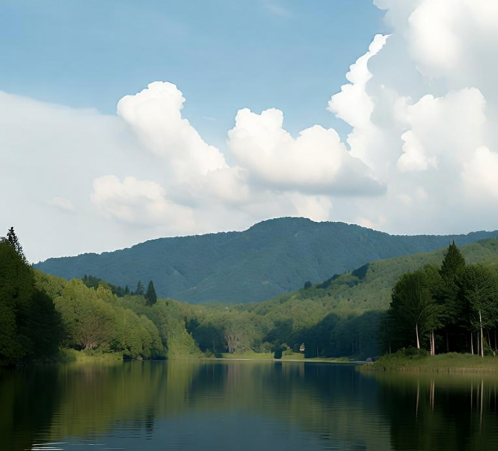 A serene landscape photograph showing a calm lake reflecting a forested mountain range under a blue sky with scattered white clouds.