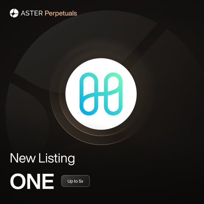 An ASTER Perpetuals promotional graphic announcing a 'New Listing' for ONE token with 'Up to 5x' leverage, featuring a stylized H logo in a white circle.
