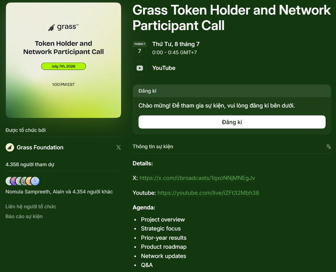 Event details for the 'Grass Token Holder and Network Participant Call' on July 7th, 2026 at 1:00 PM EST, hosted on YouTube/X by Grass Foundation with 4,356 participants.