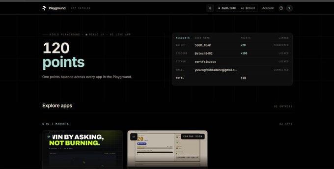 Playground app catalog screenshot showing 120 points earned across the platform, with a leaderboard listing accounts like 36UR_tGAM, @sttc19402, and eer7fsicazgo, and apps in the marketplace below.
