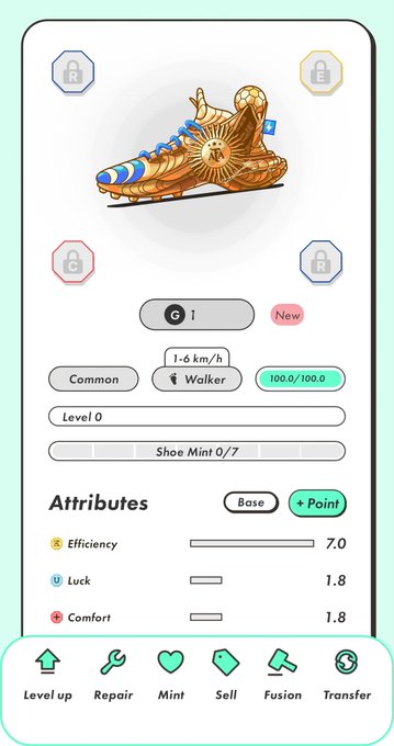 A digital NFT-style sneaker card showing a golden shoe with attributes Efficiency 7.0, Luck 1.8, and Comfort 1.8, labeled as Common grade.