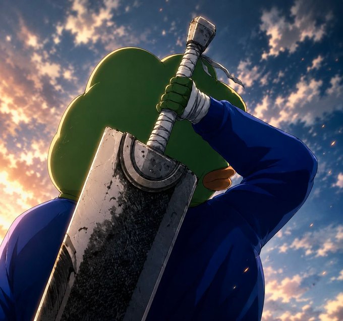 An anime-style illustration depicts a green-haired warrior character viewed from below, wearing a blue outfit and wielding a large, weathered sword raised against a dramatic sunset sky.