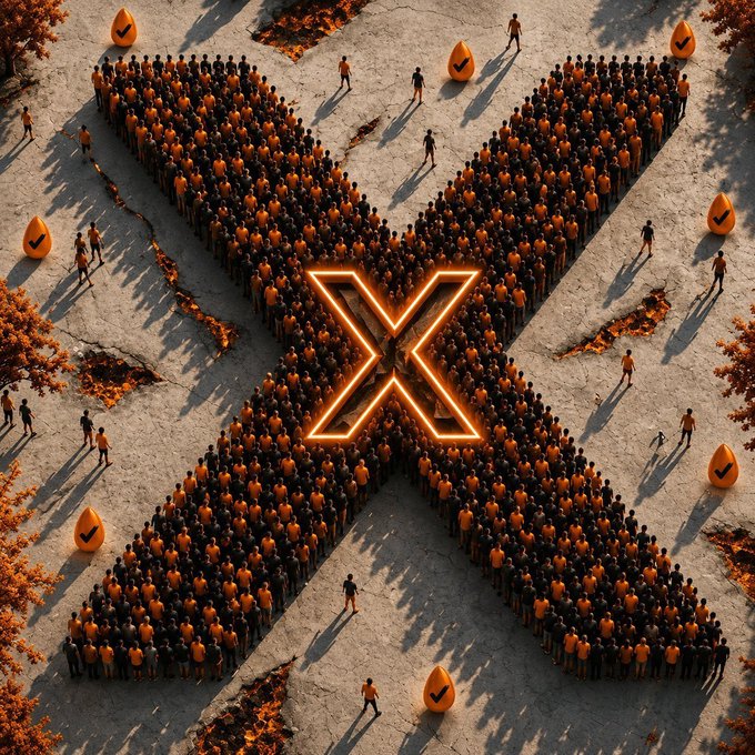 A 3D-rendered image showing a large crowd of people in orange shirts forming the shape of an 'X' on cracked ground, with an orange neon 'X' in the center and orange marker icons scattered around.