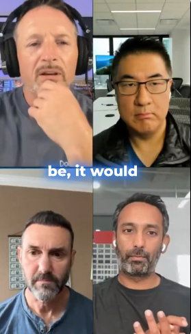 A four-way video call featuring four men in separate panels, with the subtitle "be, it would" visible, appears to be a discussion or podcast about Doma Protocol's efforts to tokenize premium domains and bring them onchain.