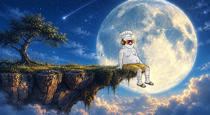 The image features a cartoon character, possibly a man or a woman, sitting on top of a cliff with their feet dangling over the edge. The character appears to be wearing sunglasses and a hat, giving them a unique and whimsical appearance. In the background, there is a large full moon that adds an element of fantasy to the scene. The image also includes text that reads "1 $SOL SOME $COPE AND A DREAM / copemode". This suggests that the character might be on a journey or adventure towards their dream, and they are using the moon as a symbol for their aspirations.
