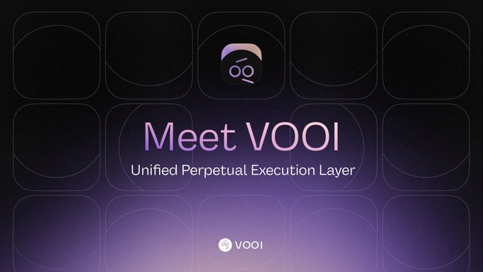 The image features a purple square with white text that reads "Meet VOOI" at the center, accompanied by an arrow pointing towards the bottom right corner of the image. The background consists of a grid of squares, each containing a different color - black, gray, and pink. The text "Unified Perpetual Execution Layer" is written in white on the purple square, while the rest of the image displays various shades of gray and pink.