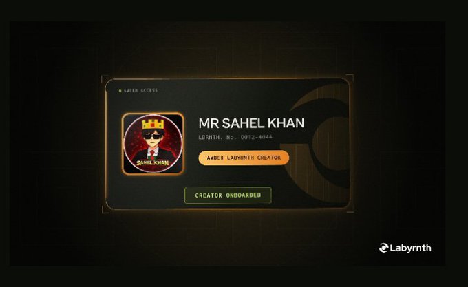 A digital access card or badge for 'MR SAHEL KHAN' with the title 'AMBER LABYRINTH CREATOR' and a 'CREATOR ONBOARDED' status on a dark background.