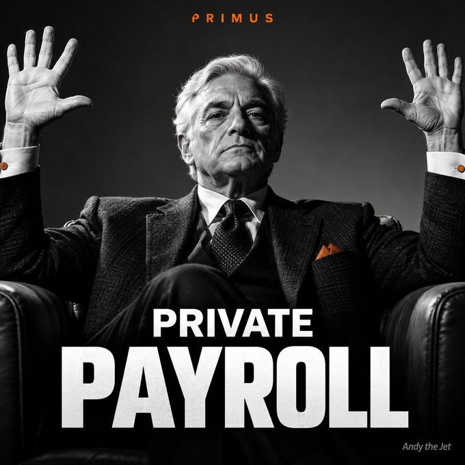 An album cover for PRIMUS titled 'PRIVATE PAYROLL' features a black-and-white portrait of an older man in a suit with both hands raised, with 'Andy the Jet' credited in the corner.