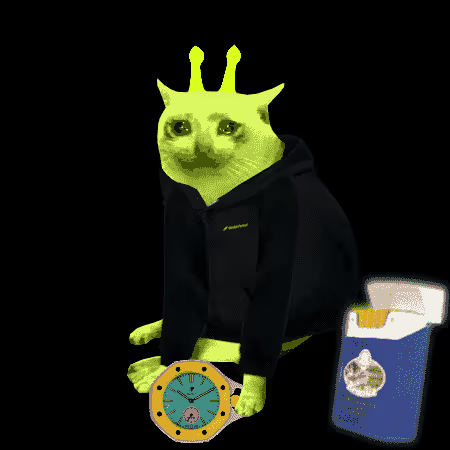 A surreal image of a cat wearing a green crown and a black hoodie, sitting next to a pack of cigarettes and a watch.