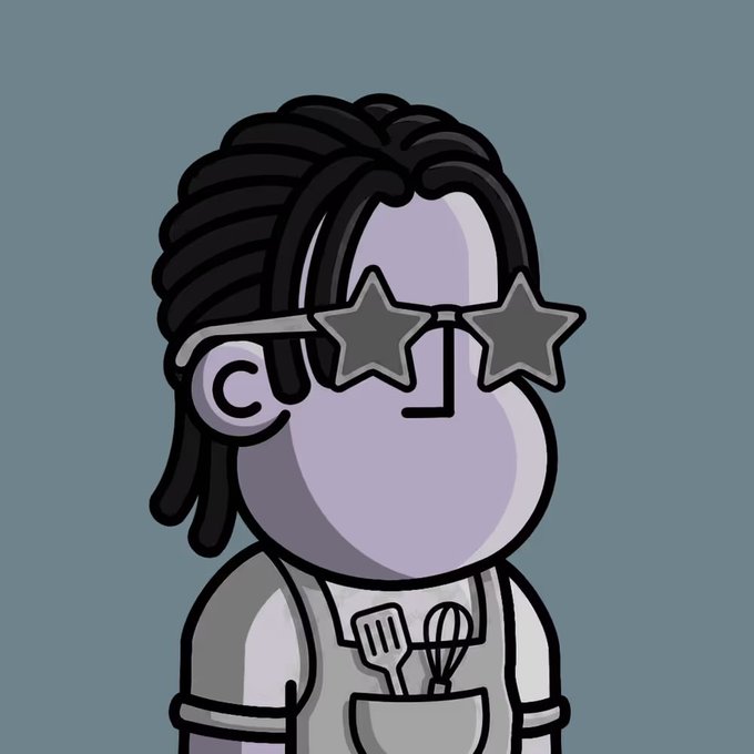 A cartoon character with long dark hair and star-shaped sunglasses wears an apron holding a spatula and whisk, styled in the iconic NPC meme format. The image ties into the "@npconchain" post by portraying the "NPC" archetype, suggesting the account humorously represents or comments on people behaving like predictable non-player characters.