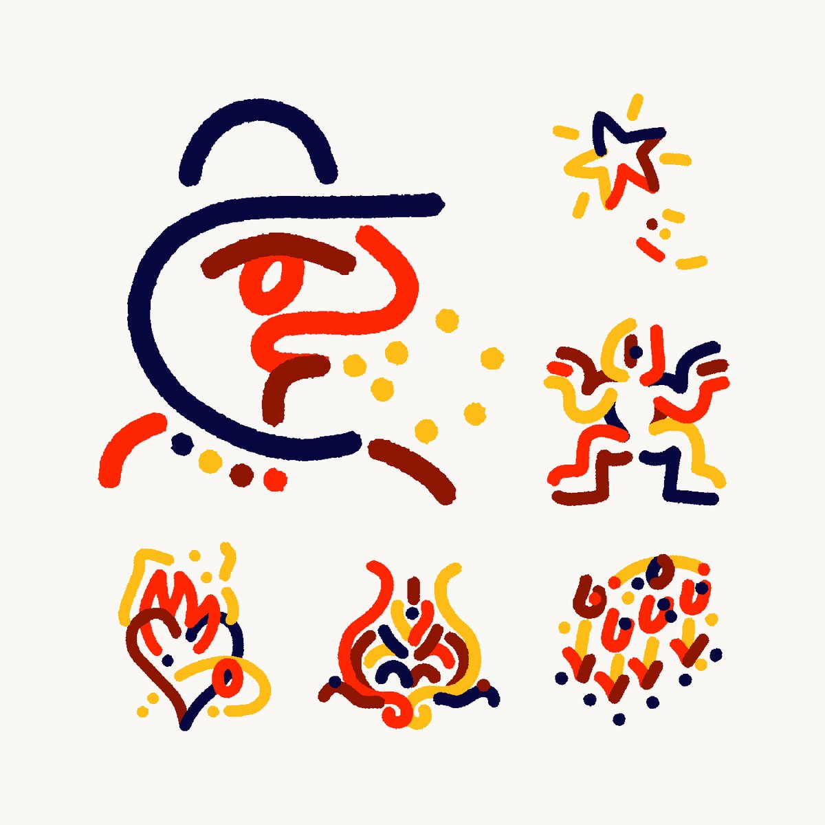 The image features a collection of six different drawings, each with unique symbols and colors. The drawings include a hat, a fire, an apple, a star, a heart, and a flower. These illustrations are meant for customization by the community, as suggested in the accompanying text. The posts encourage users to create their own designs using these symbols and color palettes, which can then be shared with others or used as part of a larger collection.