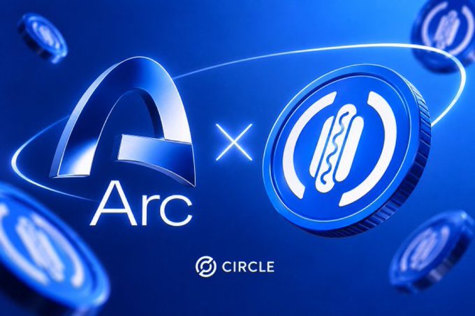 A promotional graphic on a blue background features the 'Arc' logo next to a coin displaying a '1', connected by an 'x', with the 'CIRCLE' logo at the bottom.