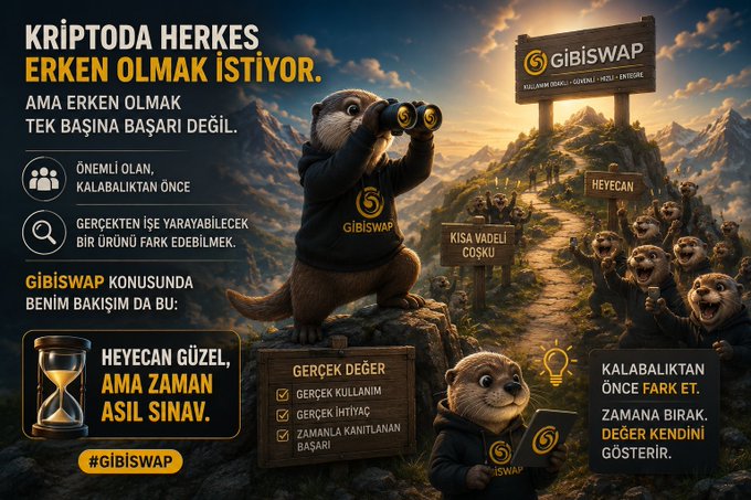 A Turkish-language promotional graphic for "GİBİSWAP" features otters looking through binoculars and other otter characters, with text highlighting crypto investment themes.