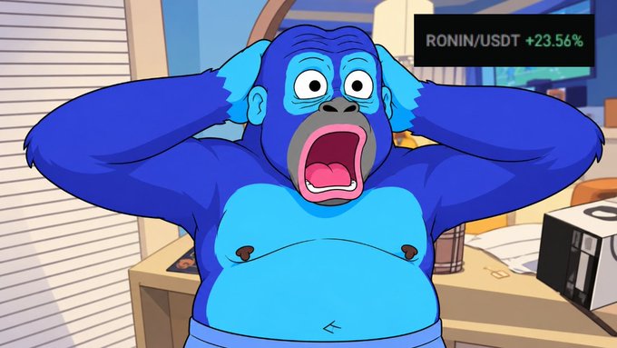 An animated blue monkey character screaming with hands on its head, with a crypto ticker showing 'RONIN/USDT +23.56%' in the corner.